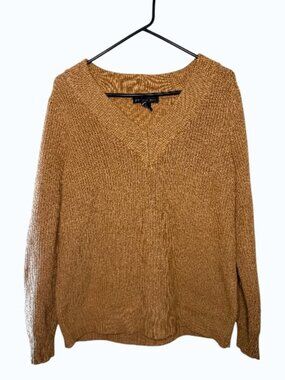 JOAN VASS New York Women's Orange V-Neck Ribbed Knit Sweater size Medium